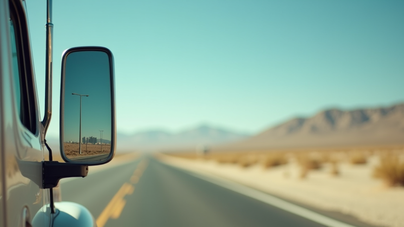 Desert highway through a truck's side mirror