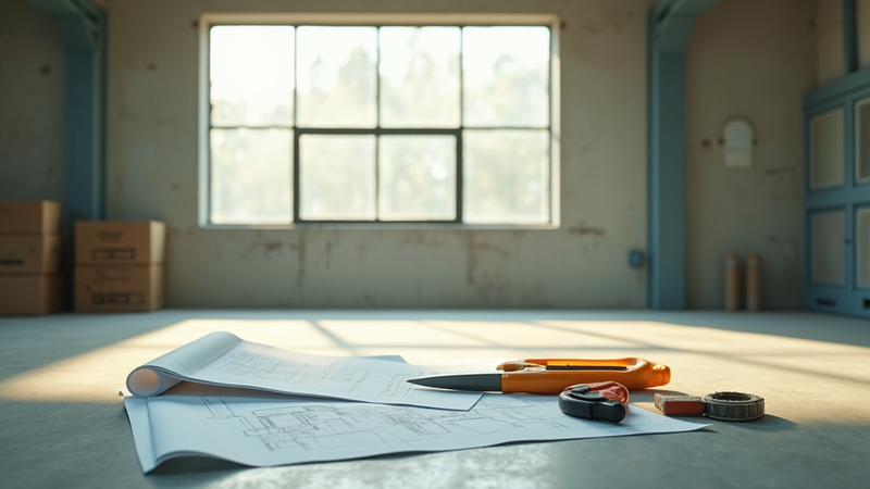 Blueprint and tools on floor, ready for work