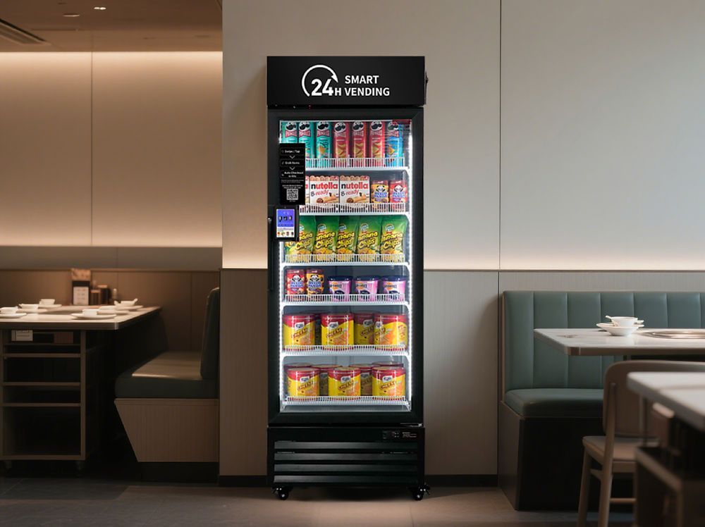 Black 24H Smart Vending machine placed in a modern cafeteria with green booth seating, dining tables, and warm lighting, stocked with colorful snacks and beverages.