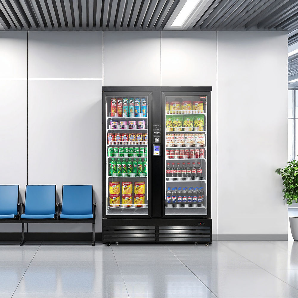 Two door black 24H Smart Vending machines side-by-side in a bright modern waiting area with blue chairs and white tiled walls, filled with drinks and snacks.