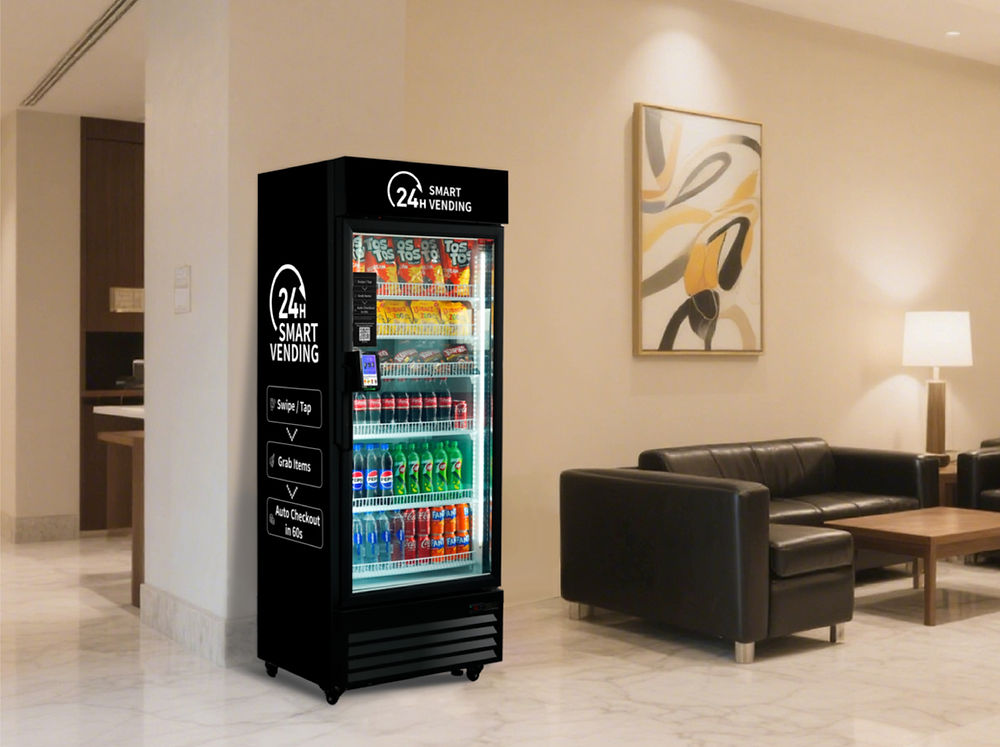 Black 24H Smart Vending machine installed in a modern office lounge with black leather sofa, coffee table, and abstract wall art, stocked with snacks and beverages.