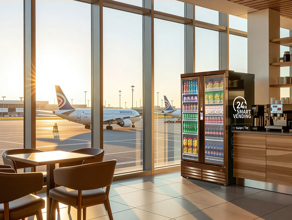 Black 24H Smart Vending machine in a sunlit airport terminal lounge with large windows overlooking airplanes on the tarmac, wooden tables, and coffee station.