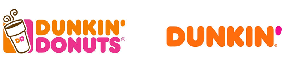 Dunkin' logos side by side: left logo with coffee cup and "Dunkin' Donuts" in pink/orange; right logo, "Dunkin'" in bold orange.