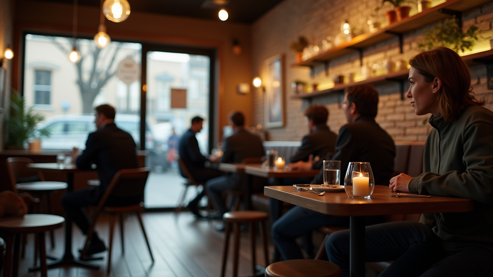 Eye-level view of a cozy café with people engaged in conversation