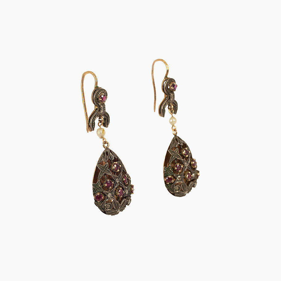 ORECCHINI ANTIQUARIATO XIX SECOLO VITTORIANI A GOCCIA IN ORO ARGENTO GRANATI E DIAMANTI JOHN OLIVER GIOIELLERIA FIRENZE