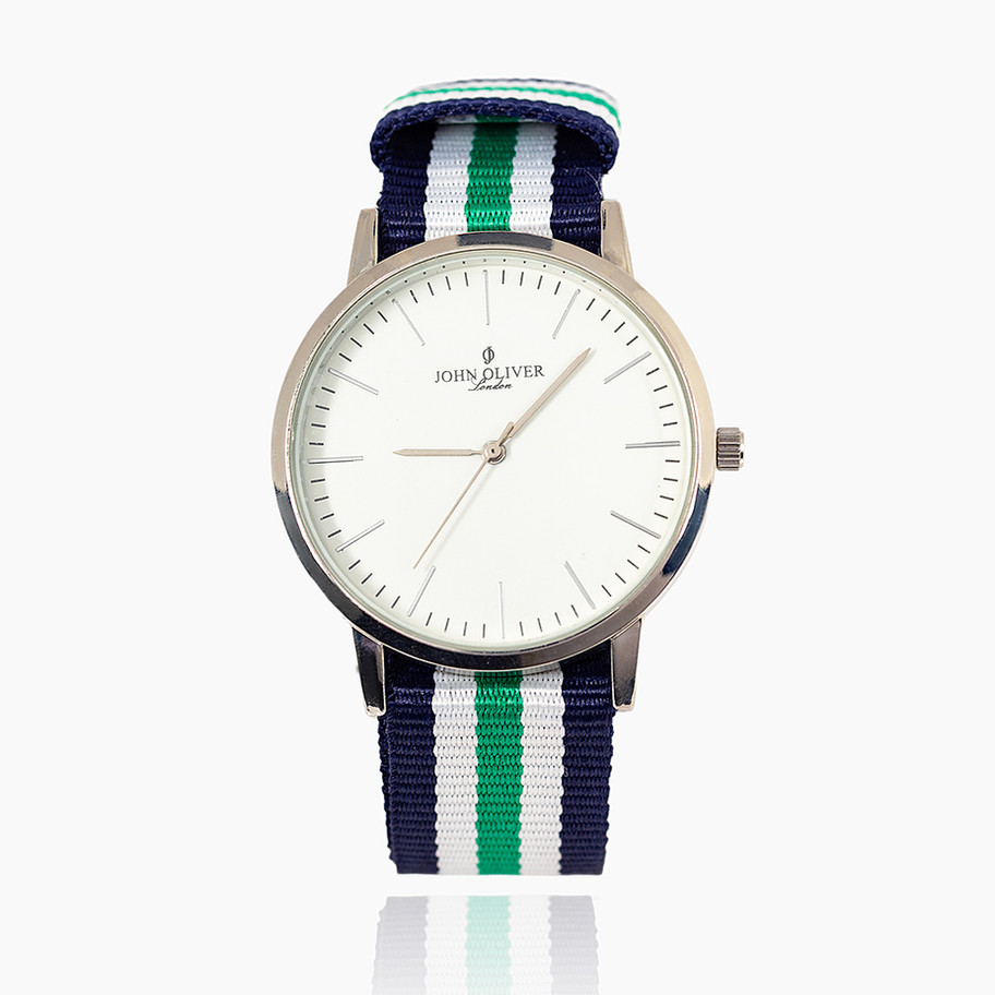 orologio promo buono da 200 € cassa tonda cinturino colorato nylon colore verde bianco e blu