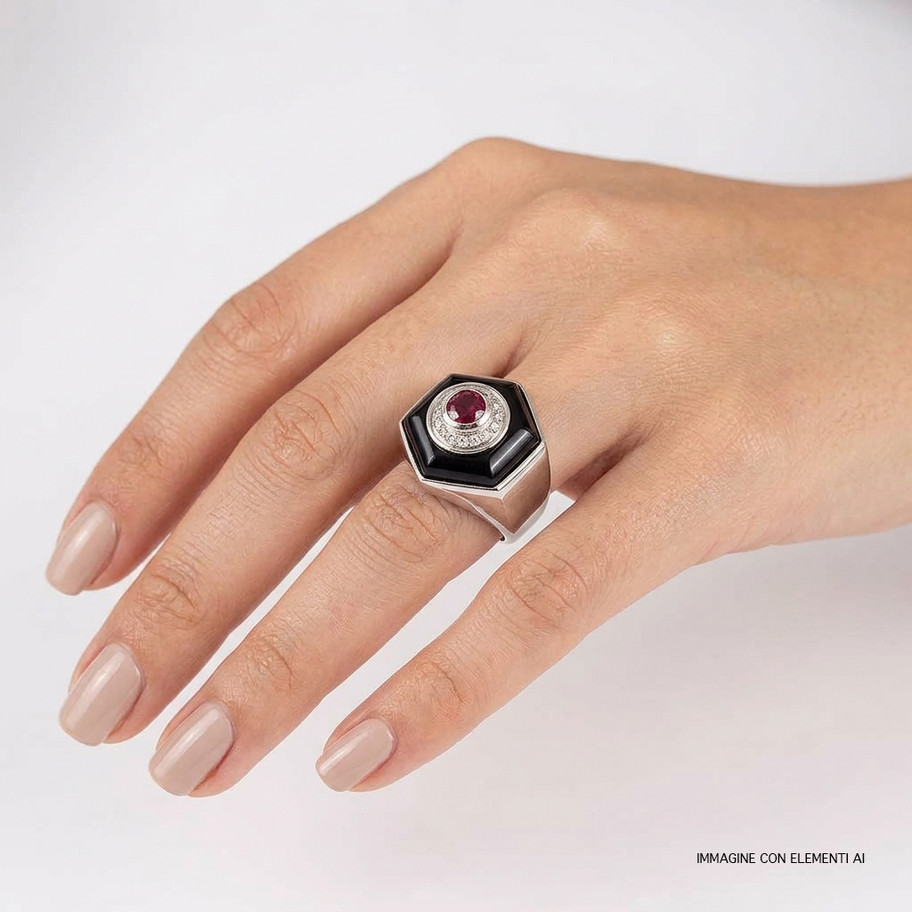anello esagonale in oro bianco con diamanti, rubino smalto nero John Oliver gioielleria firenze