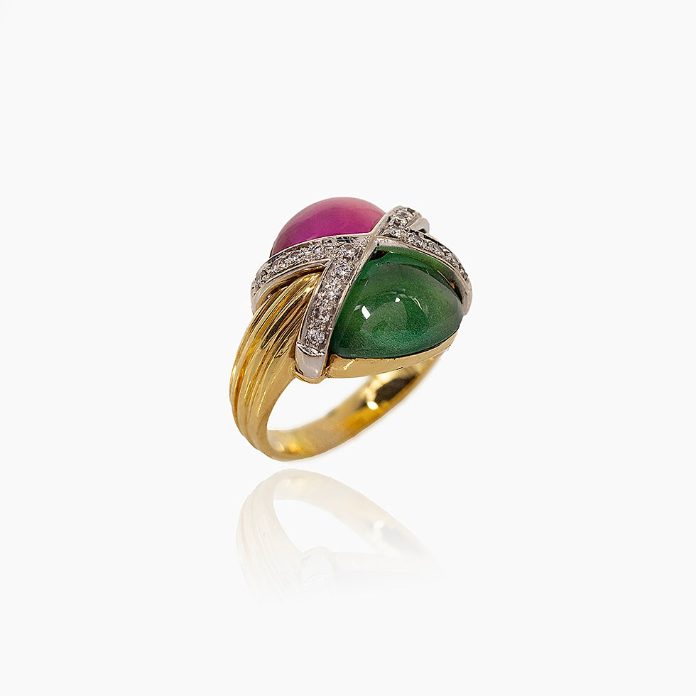 ANELLO IN ORO GAILLO CON RESINA FUCSIA E VERDE E DIAMANTI JOHN OLIVER GIOIELLERIA FIRENZE