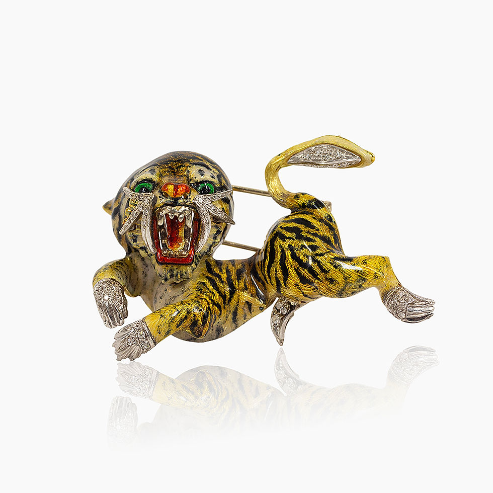 SPILLA VINTAGE IN ORO GIALLO 18 KT ORO BIANCO SMALTO E DIAMANTI A FORMA DI TIGRE JOHN OLIVER GIOIELLERIA FIRENZE