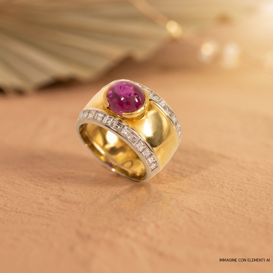 anello a fascia in oro giallo con rubino cabochion e diamanti John Oliver gioielleria firenze