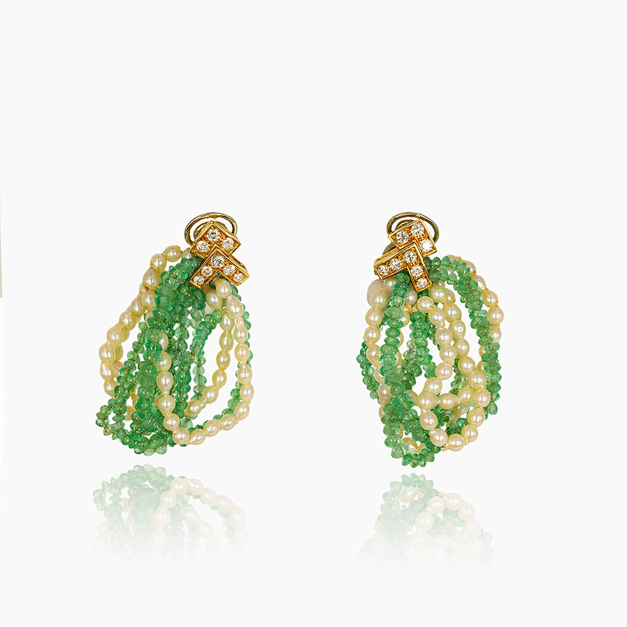 orecchini in oro giallo con diamanti e perline pezzo unico artigianale John Oliver firenze