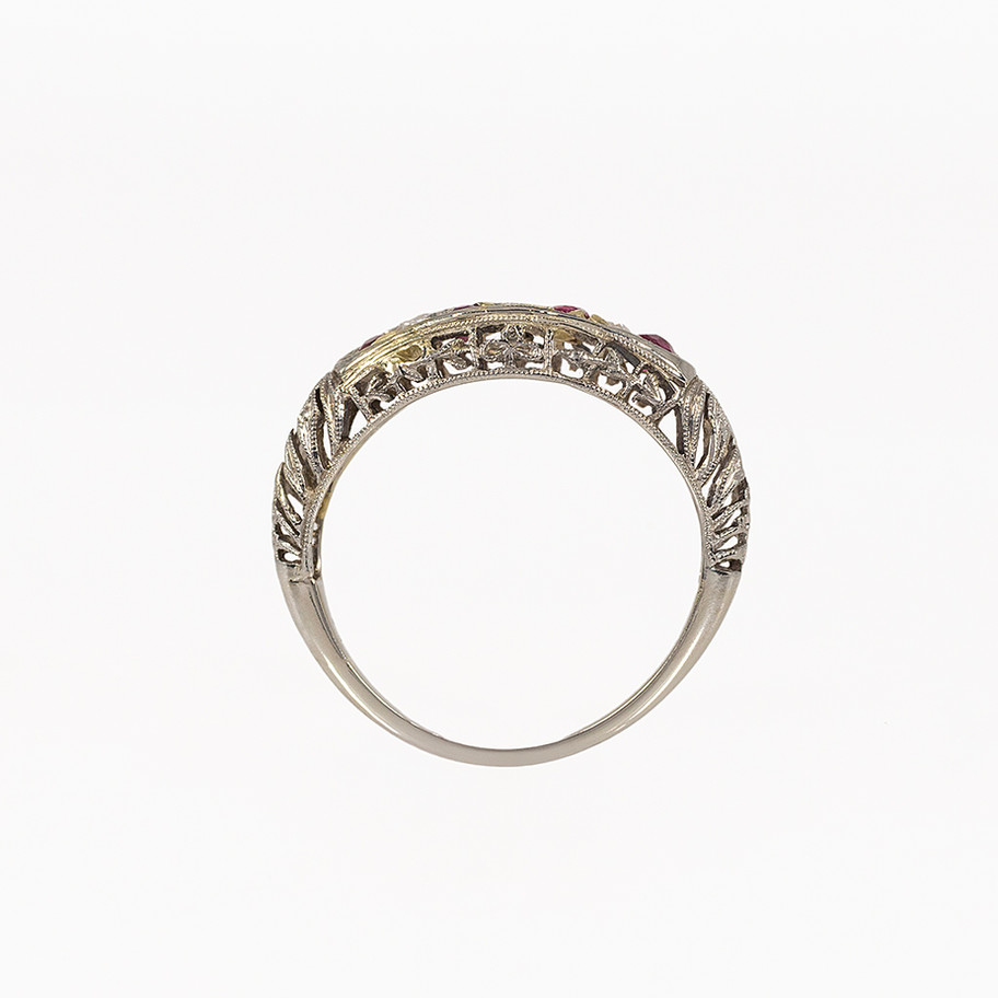 anello vintage in oro bianco con diamanti e rubini John Oliver gioielleria firenze