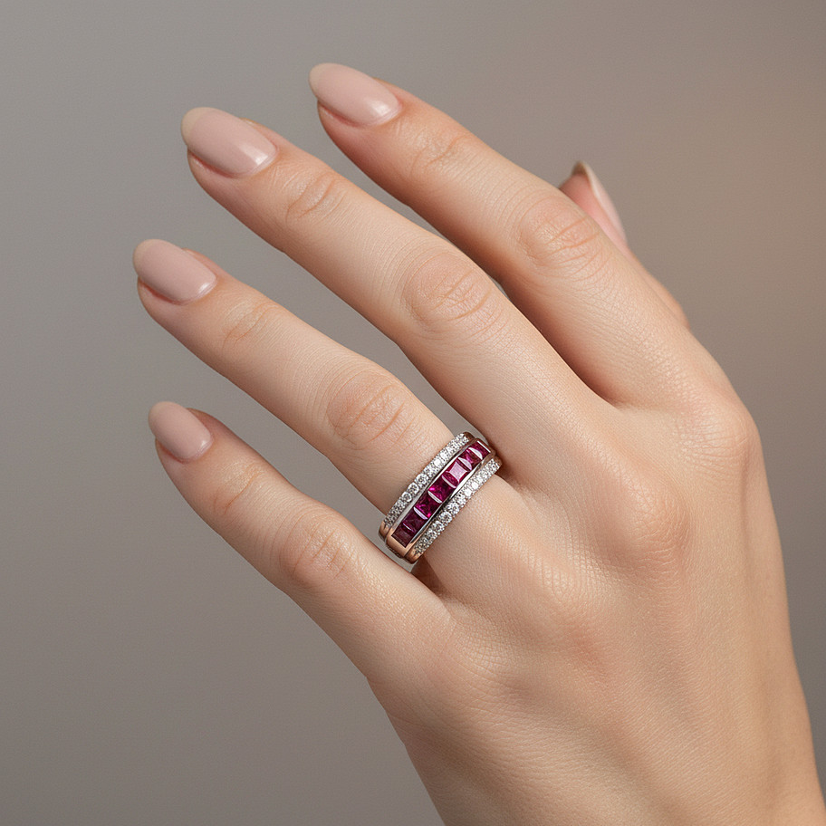 ANELLO FASCIA ORO BIANCO CON DIAMANTI E RUBINI JOHN OLIVER GIOIELLERIA FIRENZE