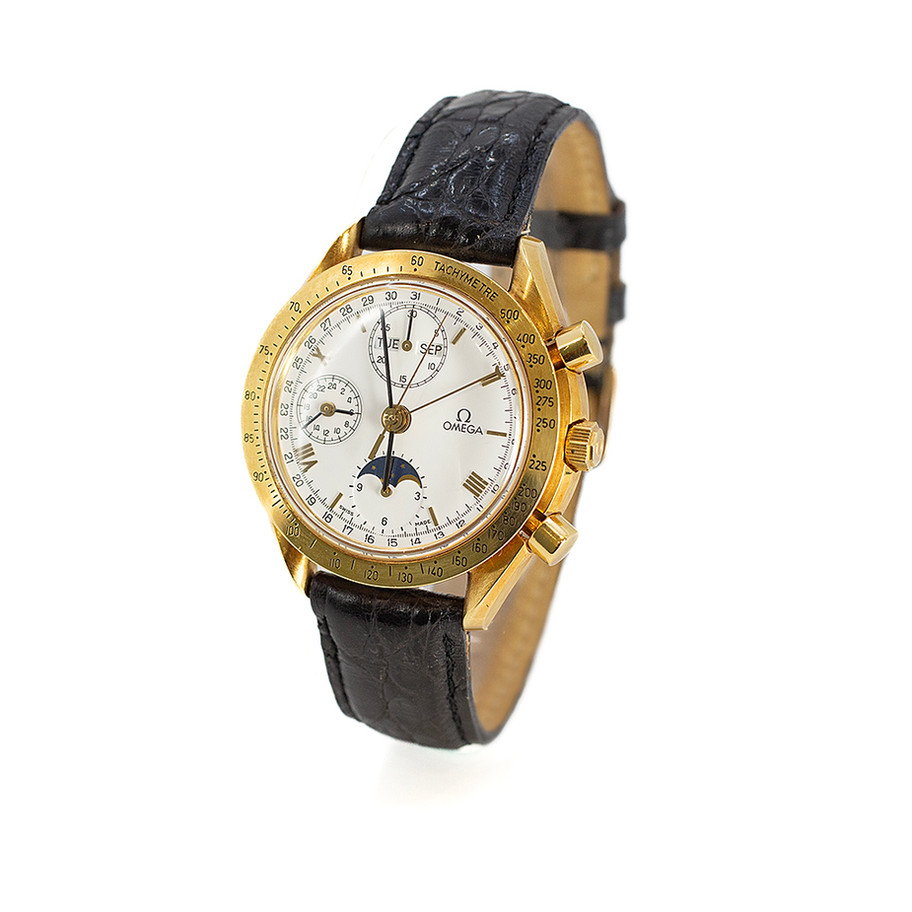 OROLOGIO UOMO VINTAGE OMEGA MOONPHASE CON FASI LUNARI IN ORO GIALLO CINTURINO IN PELLE BLU QUADRANTE BIANCO