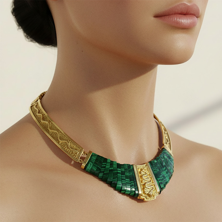 collana girocollo etnica CON ORECCHINI in oro e malachite John Oliver gioielleria firenze