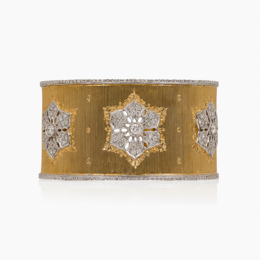 BRACCIALE FIRMATO BUCCELLATI STILE FIORENTINO LAVORAZIONE ARTIGIANALE A FASCIA IN ORO GIALLO ORO BIANCO E DIAMANTI LUSSO