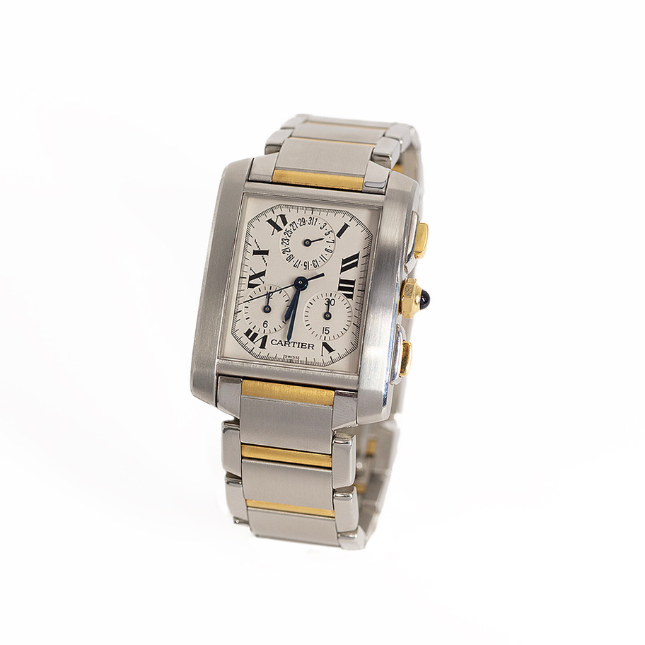 orologio firmato Cartier modello tank francasse chronograph ref 2303 in acciaio e oro giallo orologio lusso da collezione