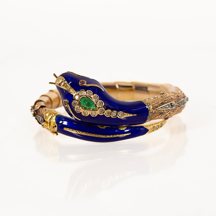 BRACCIALE A FORM DI SERPENTE IN ORO GIALLO SMALTATO CON SMERALDO E DIAMANTI JOHN OLIVER GIOIELLERIA FIRENZE