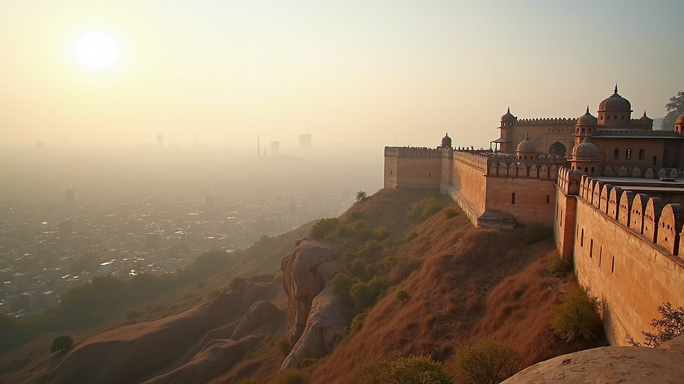 High angle view of Nahargarh Fort with city skyline in background