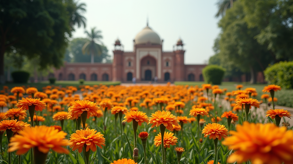 Wide angle view of Sisodia Rani Garden with vibrant flowers