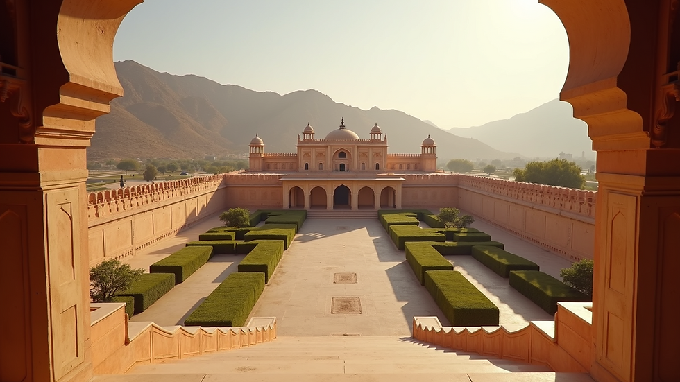 Wide angle view of Amber Fort with expansive courtyards