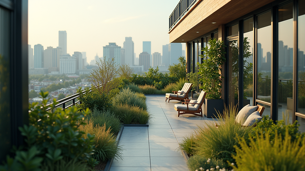 High angle view of rooftop garden on a mixed-use building