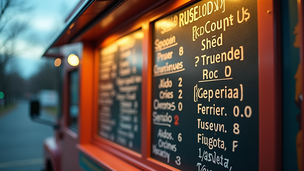 Close-up view of a food truck menu board with prices and food options