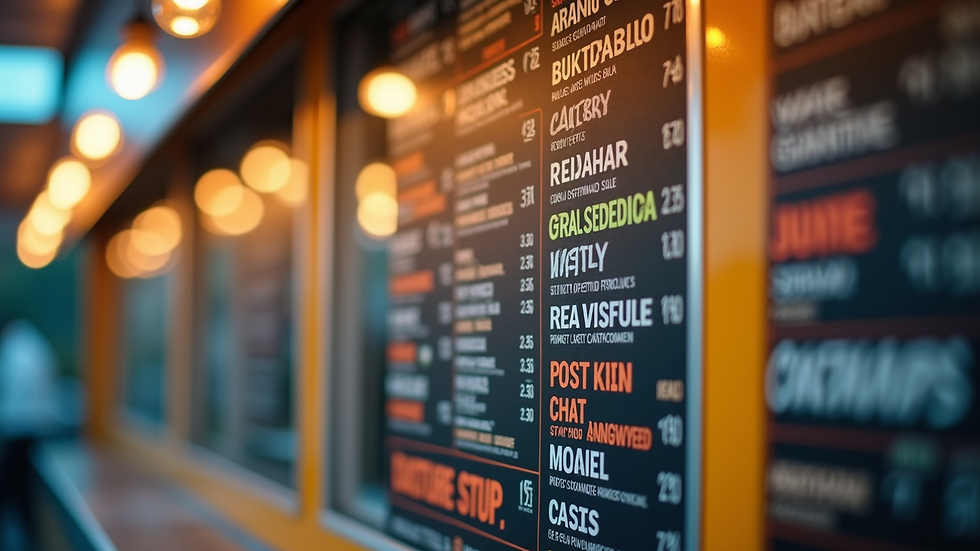 Close-up view of a food truck menu board with colorful dishes listed