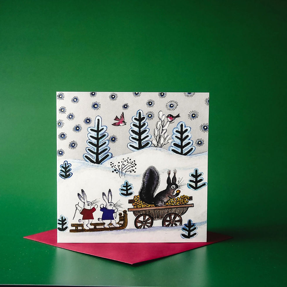 Winter scene Christmas card: bunnies sledding, squirrel in cart