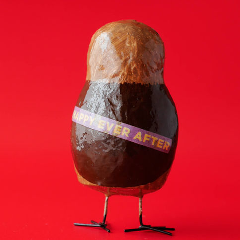 Paper mache owl figurine, "Happy Ever After" ribbon