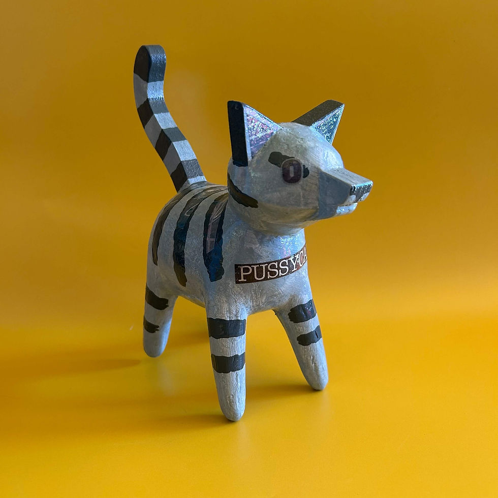 Striped blue cat figurine, "PUSSYCAT" label