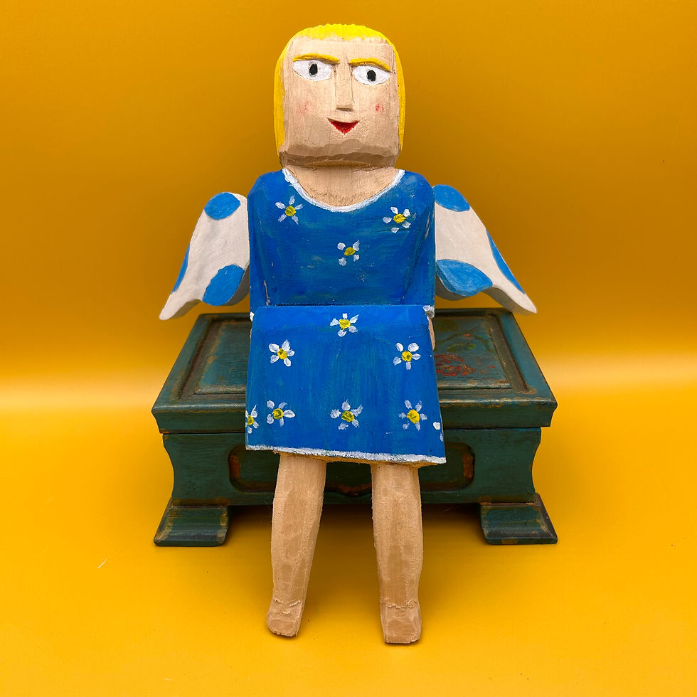 Wooden angel figurine, blue dress, daisy print