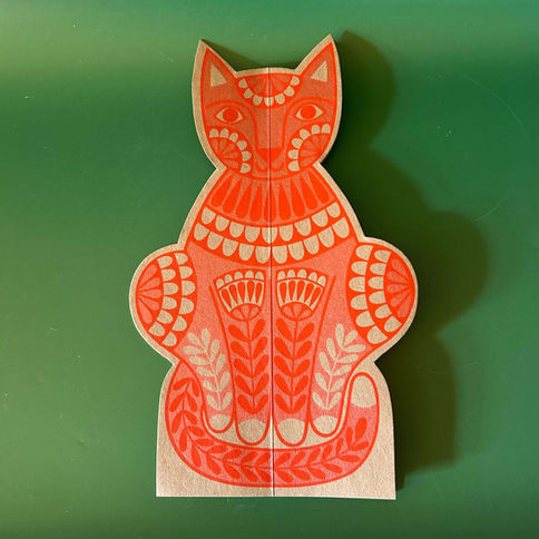 Stylized coral cat folk art print