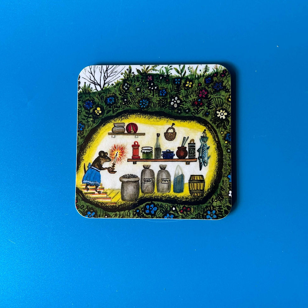 Mouse in cozy home, shelves, lamp