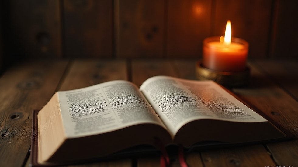 Eye-level view of an open Bible with a lit candle beside it