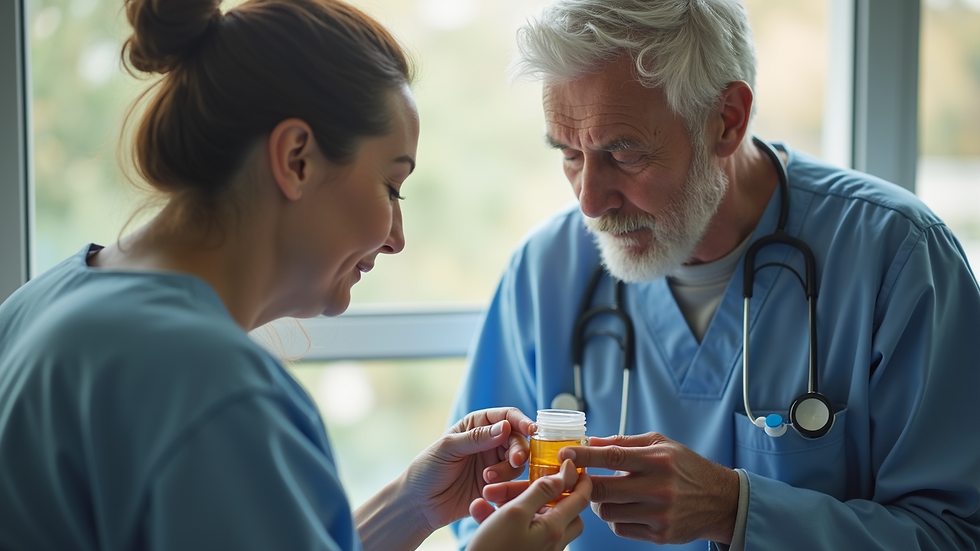 Eye-level view of a caregiver assisting an elderly person with medication