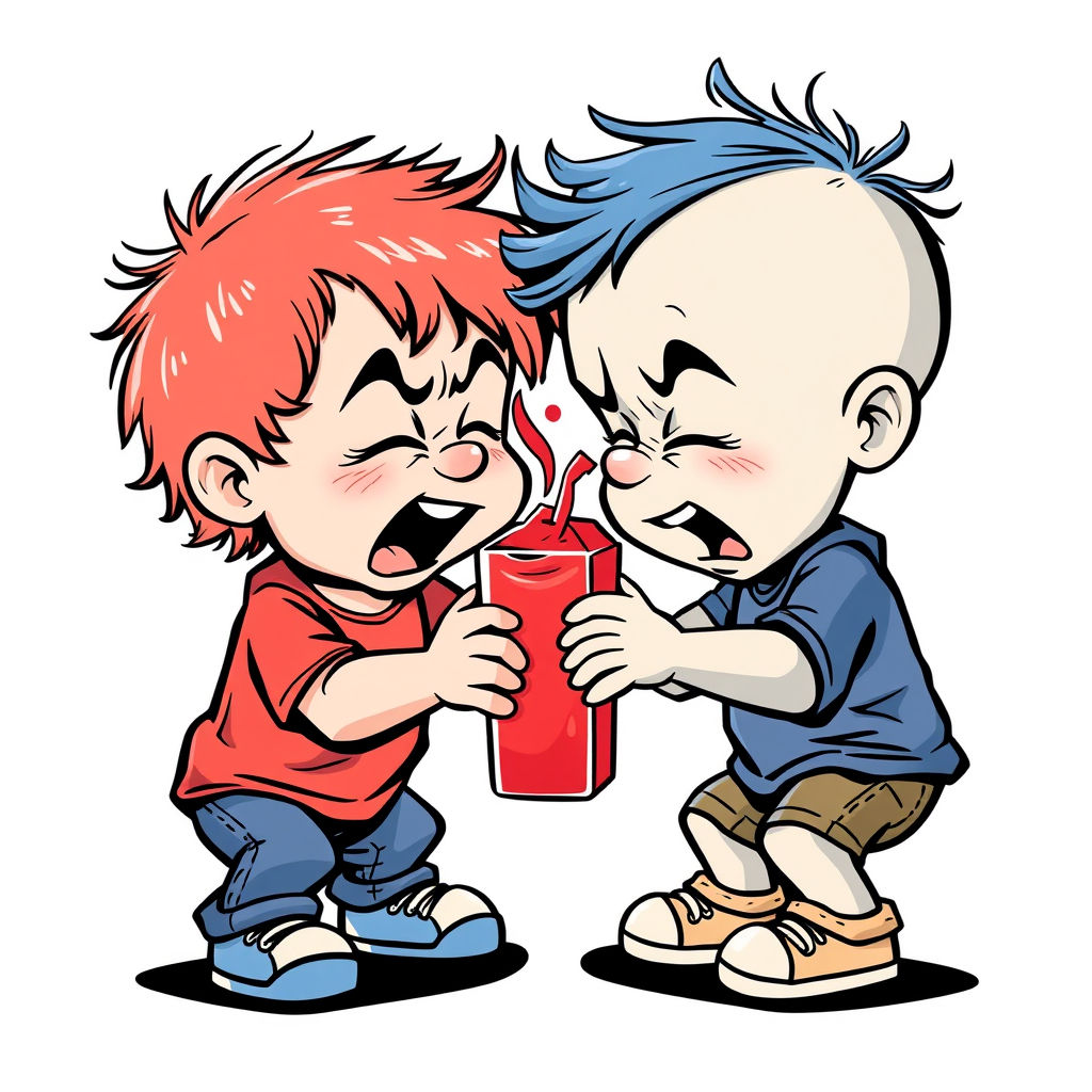 create characarture image of two toddlers fighting over a juice box, one in red the other