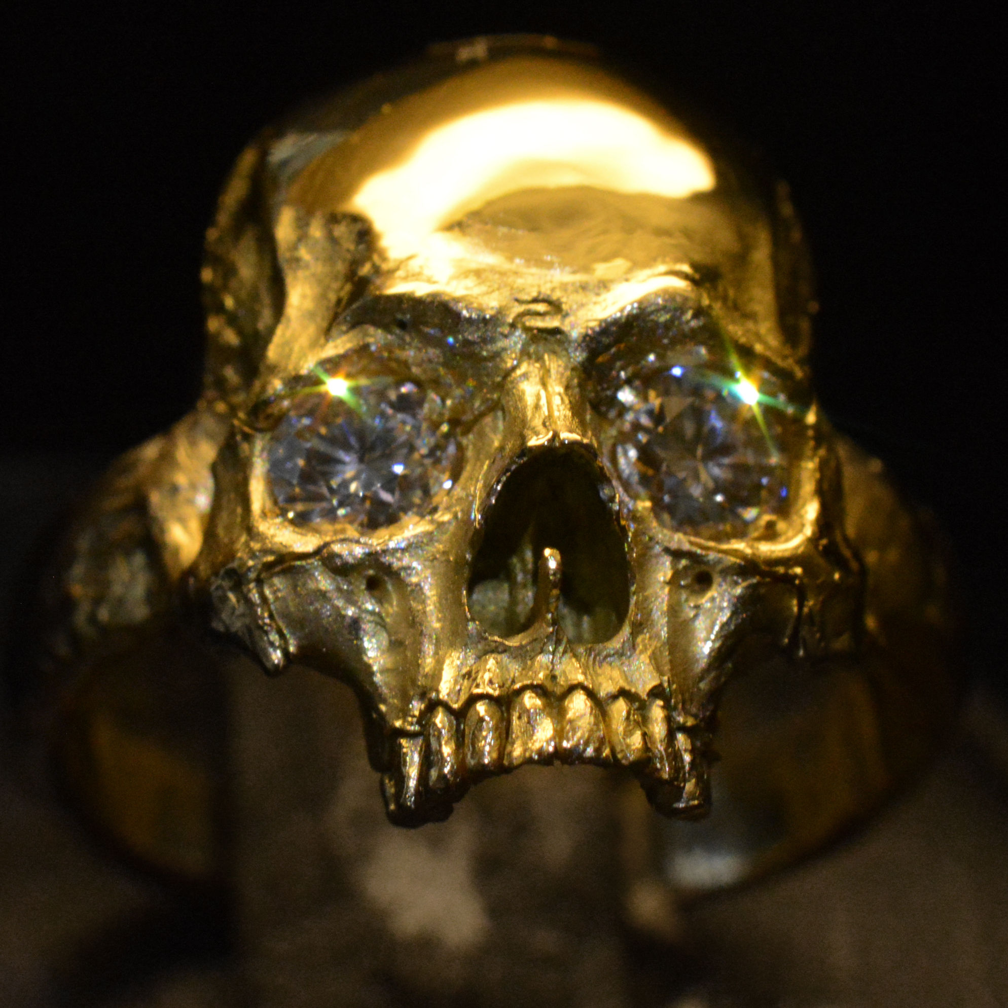 Solid Gold Small Half Jaw Skull Ring with VS1 Diamonds Thin Band # 113