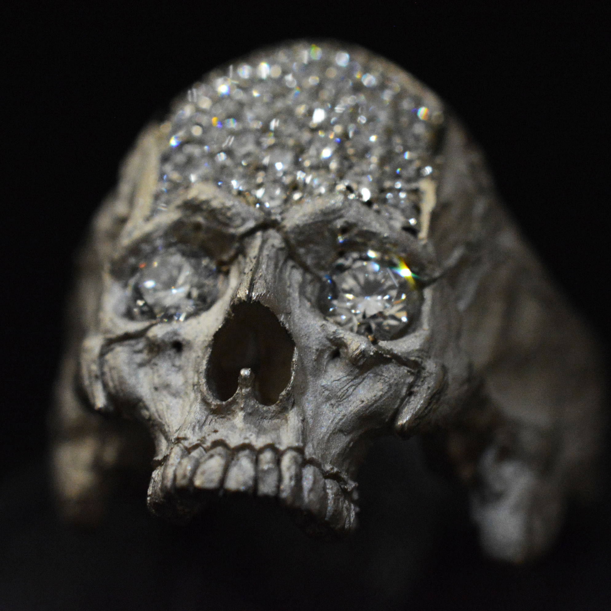 Solid White Gold Pave Diamond Small Half Jaw Gen 2 Skull Ring