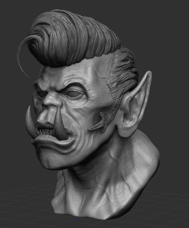 3D bust of a stylized orc with large tusks and slicked-back hair. The figure is gray, with exaggerated ears and textured skin, set against a dark background.