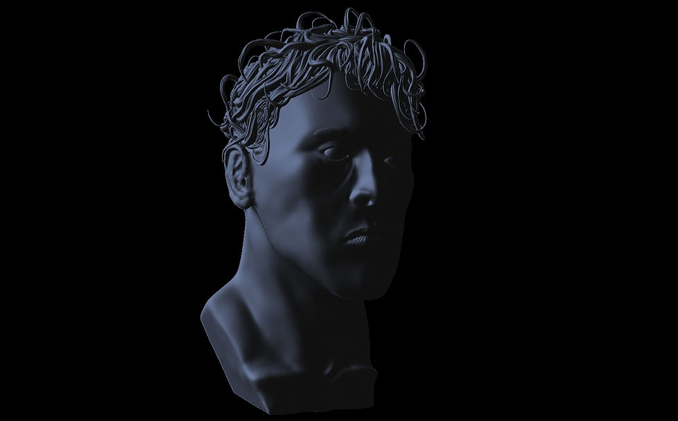 Dark, moody bust sculpture with curly hair against a black background. The smooth surface and shadows create a dramatic effect.