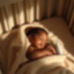 A sleeping light skin african baby under soft dim lighting with warm beige and cream tones