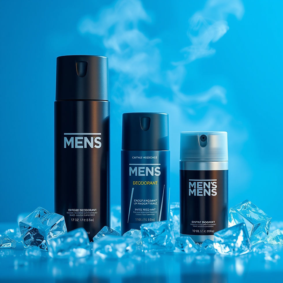 Men’s deodorant products with cool mist and subtle vapor effect, blue and silver tones, fr