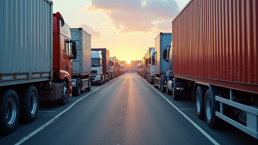 High angle view of a fleet of trucks parked in a logistics yard