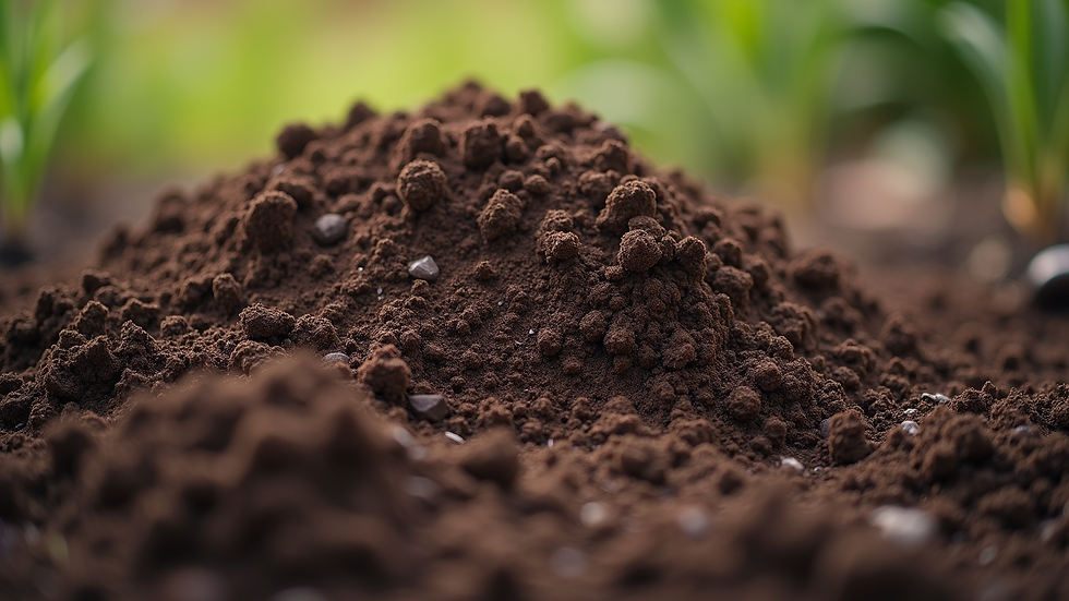 Close-up view of organic compost pile with rich soil