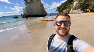 David taking a selfie on the beach at Cathedral Cove in New Zealand