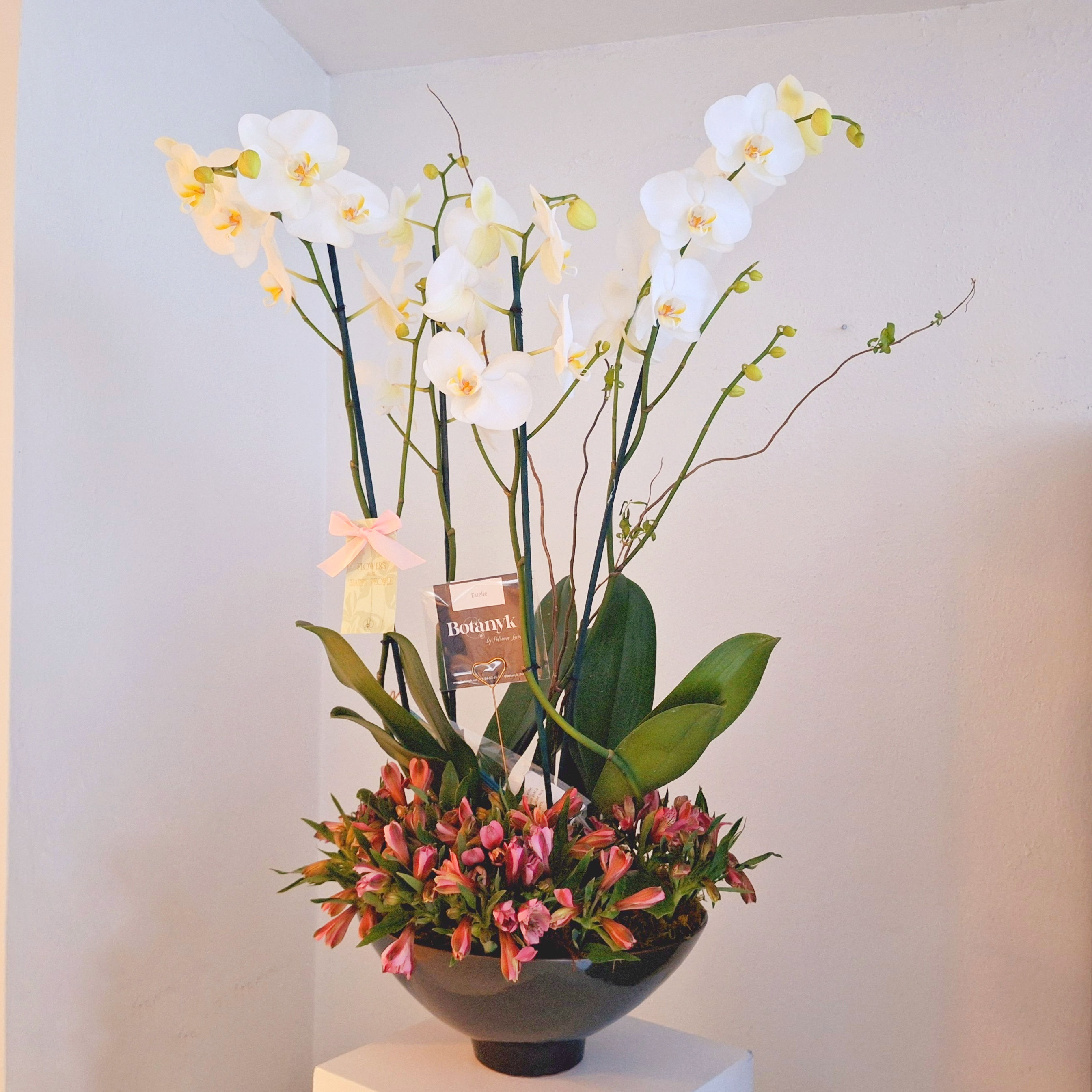 Orquídeas altas y alstromelias en platón japonés