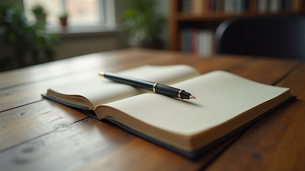 Close-up view of a journal and pen on a wooden desk