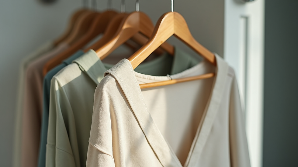 Eye-level view of a casual dress hanging on a wooden hanger