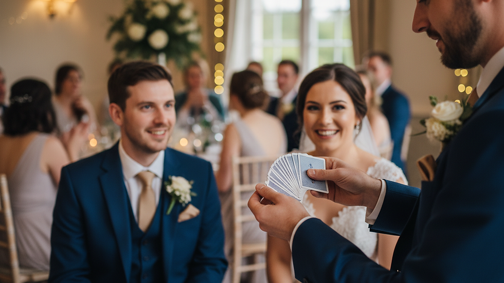 Close-up view of magician performing card trick at wedding reception